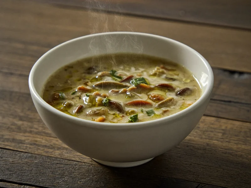 Zuppa morbida di verdure e legumi con olio d'oliva su tavolo rustico