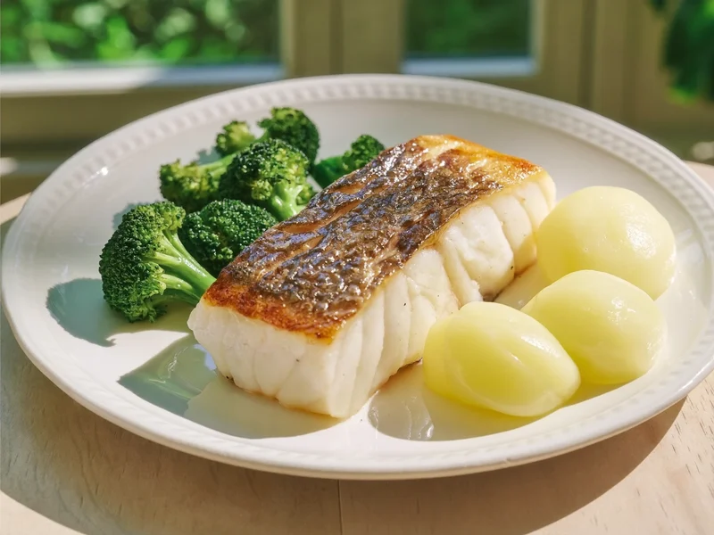 Piatto con pesce al forno, verdure al vapore e patate lesse
