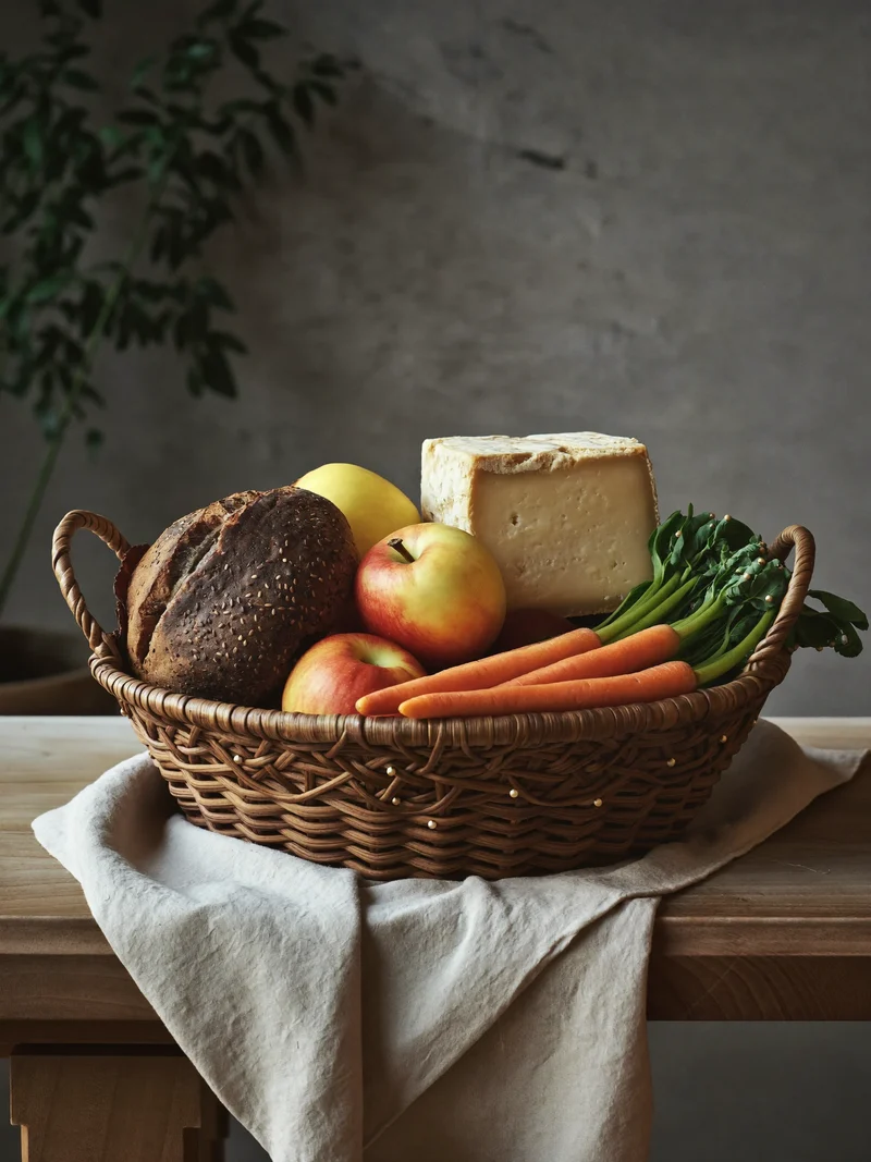 Cesto di frutta e verdura di stagione con pane integrale e formaggio