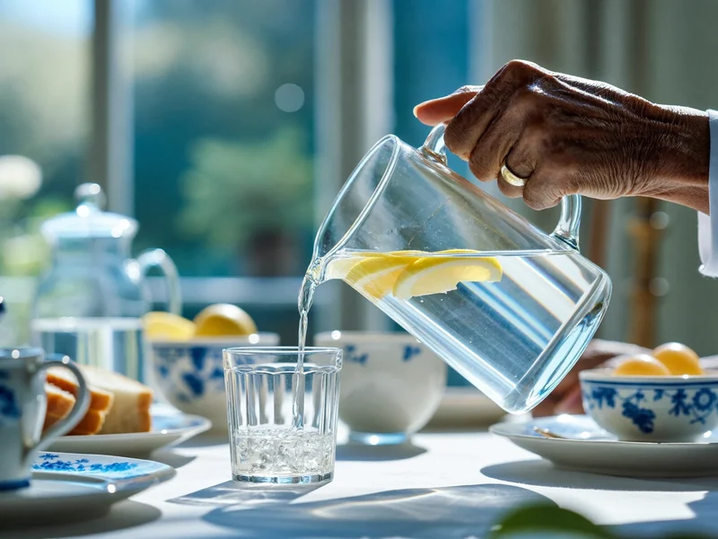 Mani anziane versano acqua con fette di limone in un bicchiere