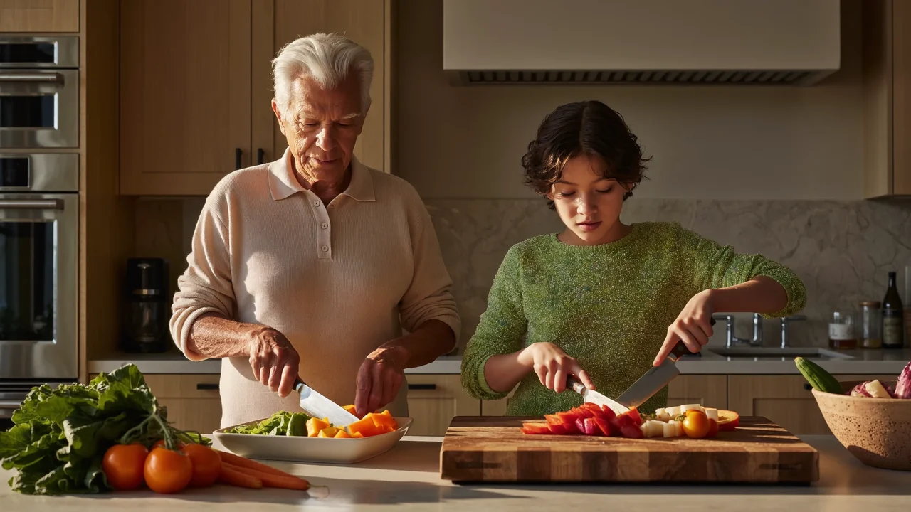 Nonno e nipote tagliano insieme le verdure sul piano della cucina